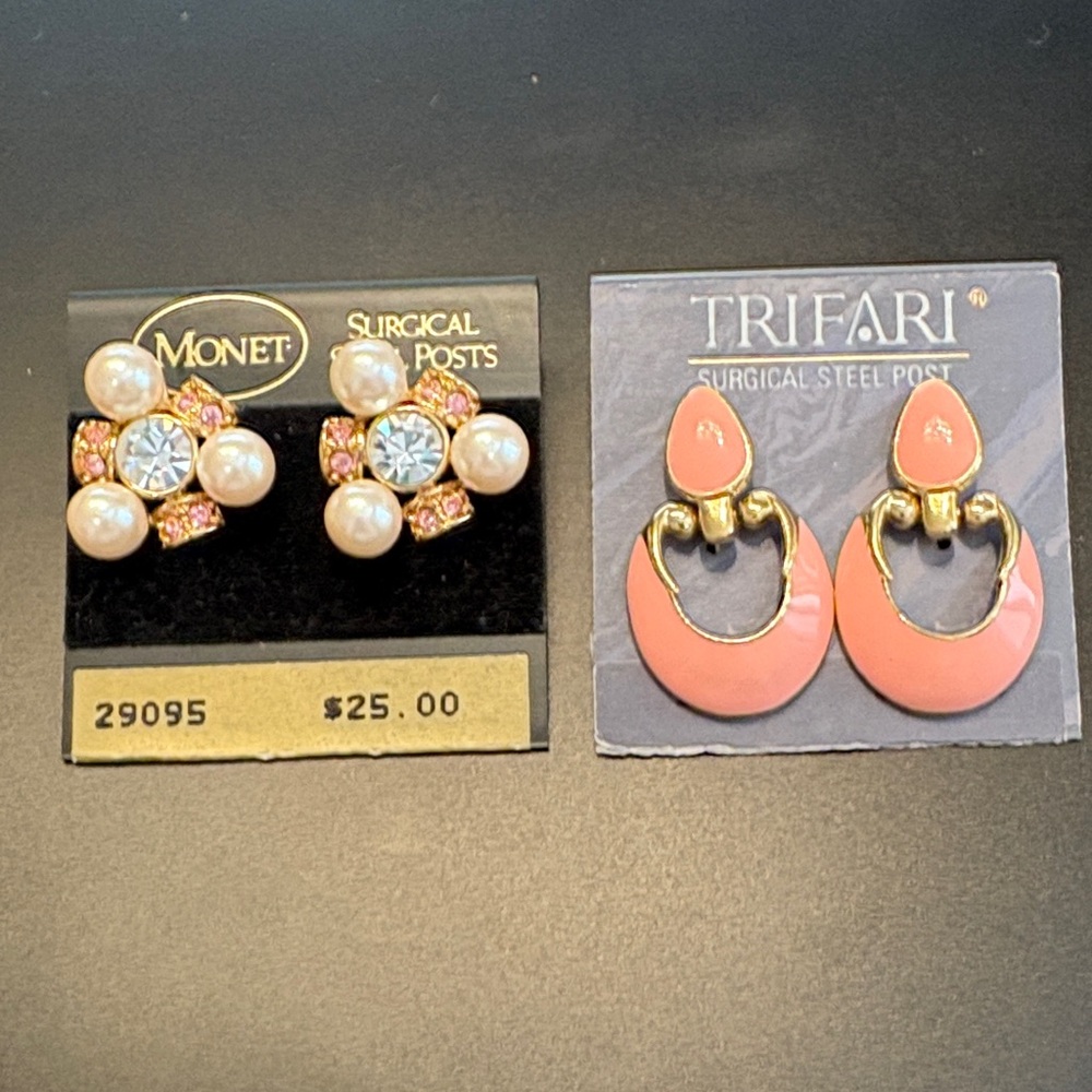 Monet Pearl and Pink Crystal Earrings and Trifari Drop Earrings